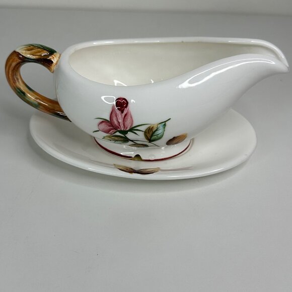 Lefton Americana Rose Pottery Ceramic Gravy Boat With Saucer Rose Floral Design - Picture 4 of 13
